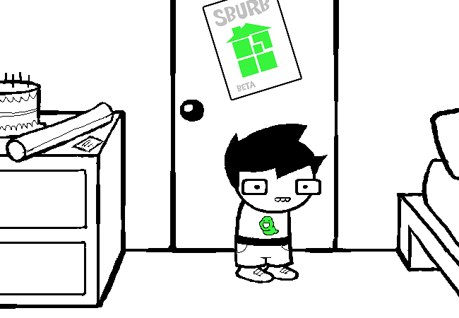 John stands in his bedroom beneath a green Sburb poster.
