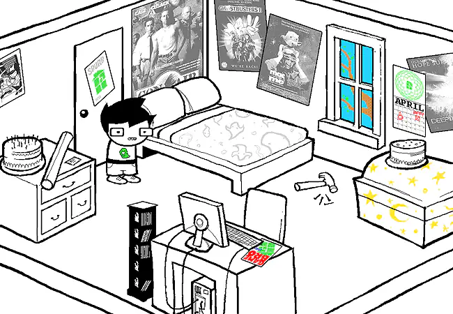John stands among the posters and assorted objects in his bedroom.