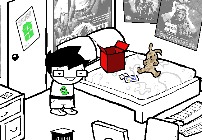 John stands beside his bed, where an open red box, a stuffed bunny, and the Sburb discs lie.