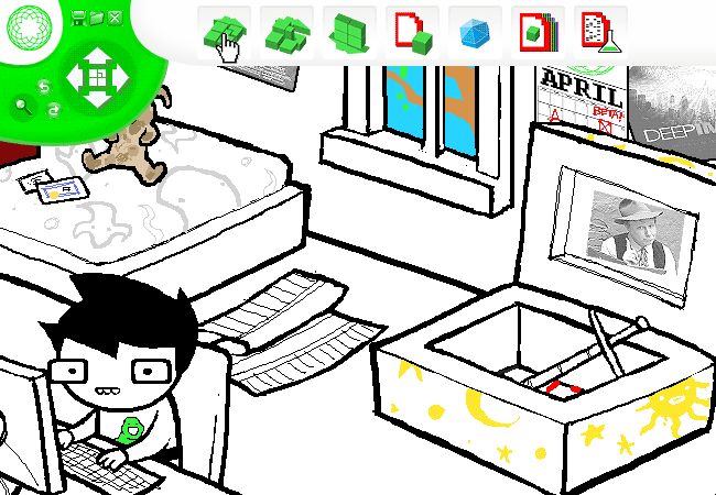 Sburb’s green cursor lifts John’s storage chest while he sits at his computer.