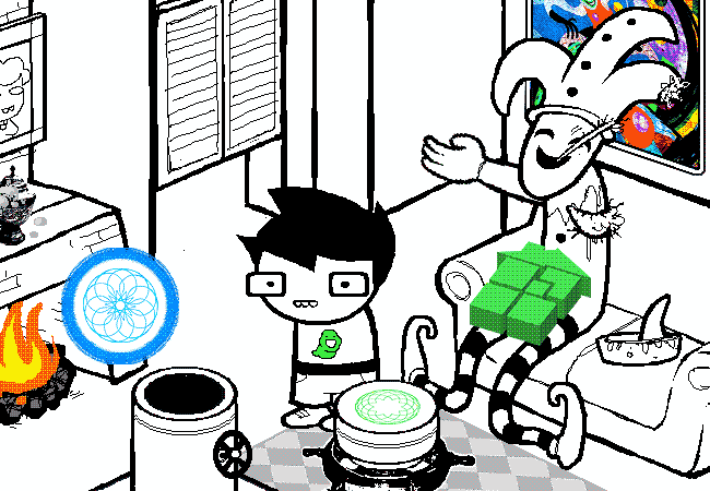Sburb’s cursor lifts the harlequin doll into the glowing kernelsprite beside John.