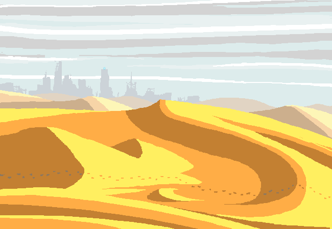 A desert stretches beneath a pale sky.