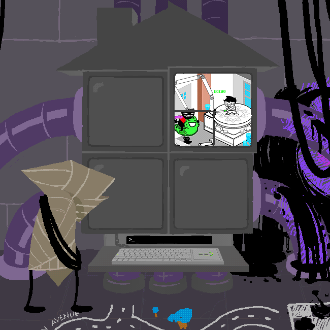 The Wayward Vagabond watches John on one of his command station’s monitors.