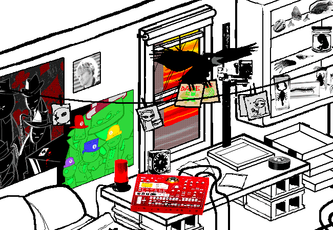 A crow impaled on a sword flies out of Dave’s bedroom window with his Sburb discs.