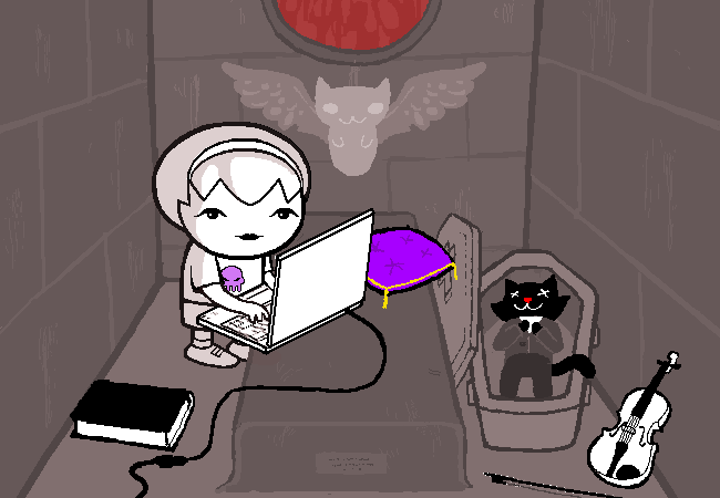 Rose uses her laptop inside Jaspers’s mausoleum, beside his small coffin.