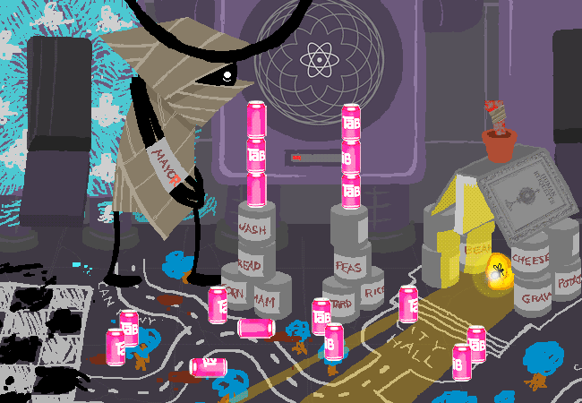 The Wayward Vagabond stands beside Can Town wearing a mayor sash.
