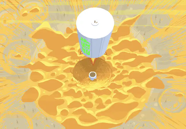 The Wayward Vagabond’s cylindrical station blasts upward from a crater in the desert.
