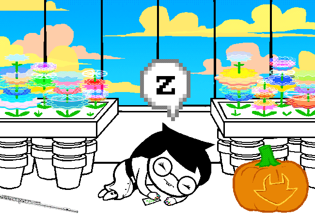Jade sleeps on the floor of her garden atrium beside a pumpkin and rows of potted flowers.