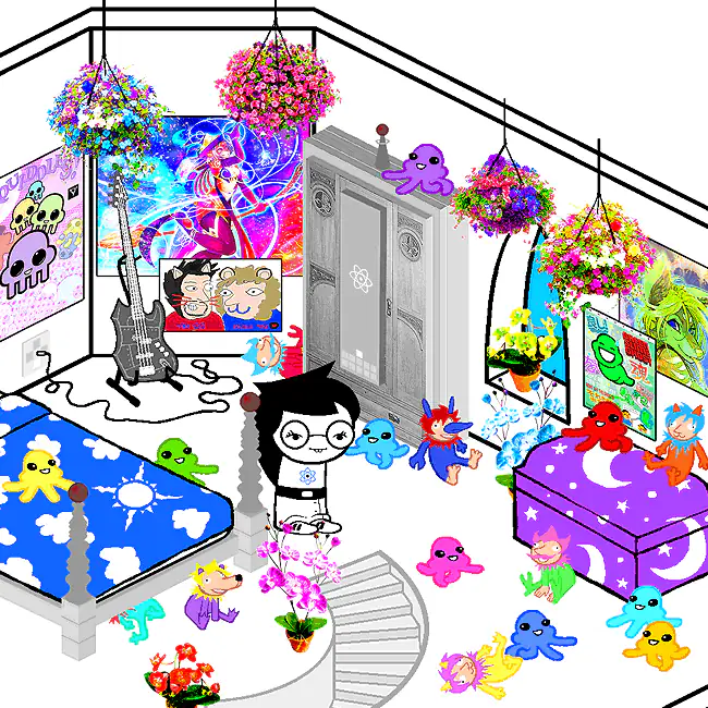Jade stands in her bedroom on her tropical island.