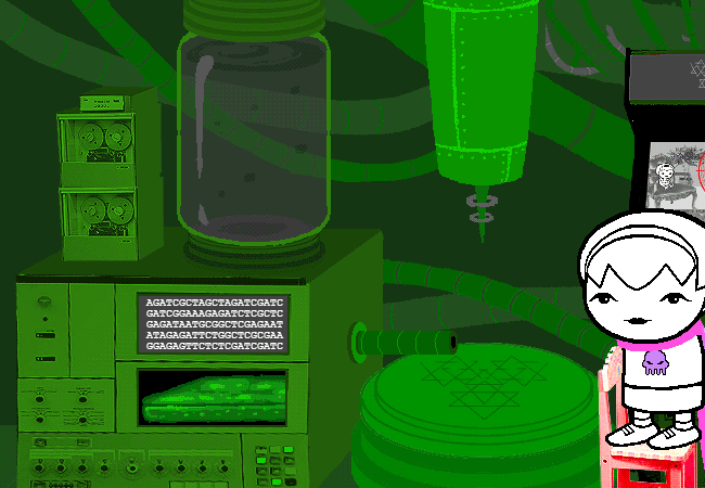 Rose watches a small creature materialize inside a green-lit laboratory chamber.