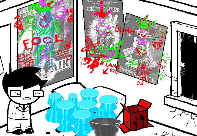 John stands beside blue cruxite totems on his bed; colorful graffiti covers his bedroom posters.