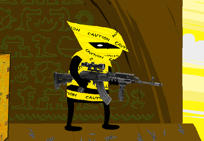 The Aimless Renegade, wrapped in yellow caution tape, holds a rifle inside the frog ruins.