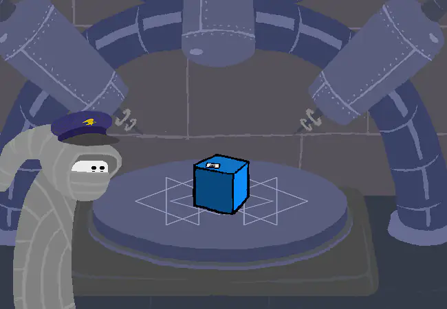 PM places John’s blue package on the transport platform inside her station.