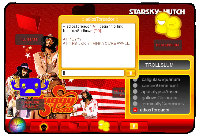 Dave’s Pesterchum window shows a message from adiosToreador beside a Trollslum list of troll handles.