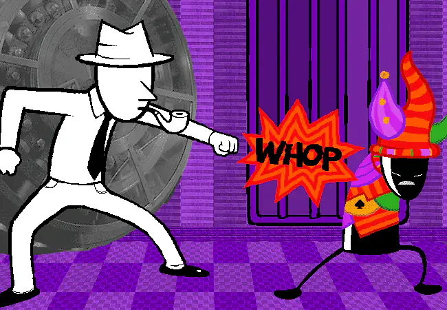 Dad punches Jack Noir, who is still wearing his striped harlequin hat.