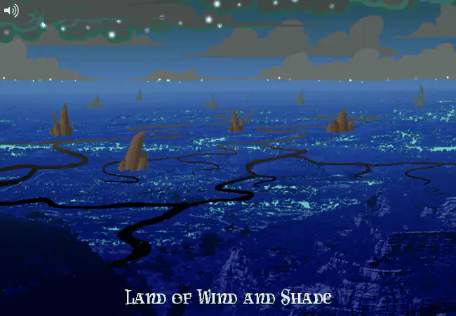 The Land of Wind and Shade stretches out in blue forests and winding rivers beneath dark clouds.