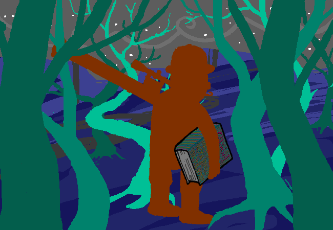 Grandpa Harley leaves through LOWAS’s trees with his rifle over his shoulder and Colonel Sassacre’s book under his arm.