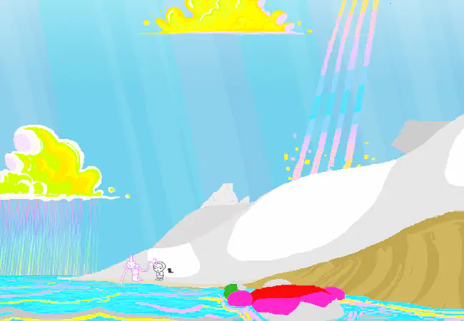 Rose and Jaspersprite stand together on LOLAR’s shore beneath floating shells pouring rainbow rain.