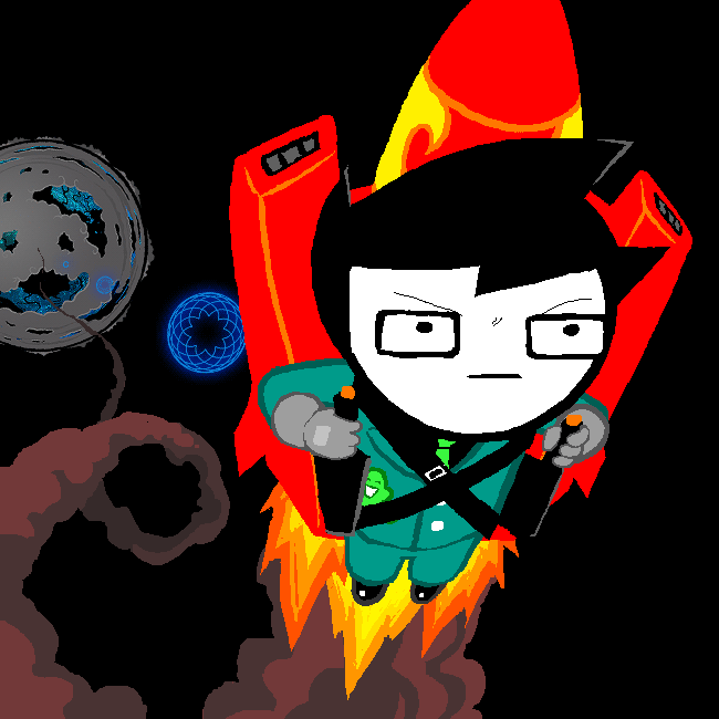 John flies through space with his red rocket pack, wearing a green suit and glasses.