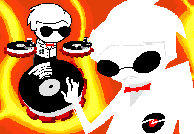 Future Dave works his floating turntables as orange time-travel energy swirls around him.