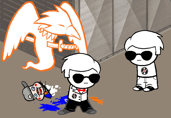 Future Dave empties his inventory and joins the orange crow sprite while the younger Dave watches.