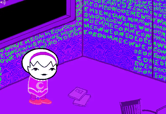 Dream Rose stands in her purple room, surrounded by repeated MEOW graffiti.