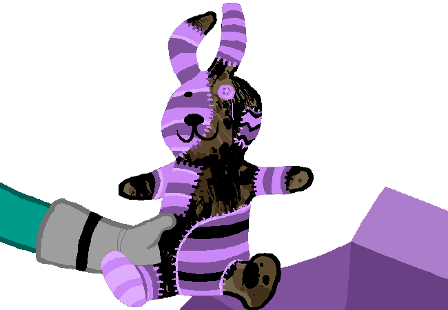 John’s gloved hand lifts the burned Con Air bunny, repaired with purple knitted patches, from Rose’s gift box.