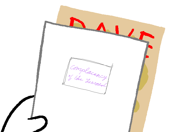 Dave holds Rose’s closed journal in front of his juice-stained Sburb envelope.