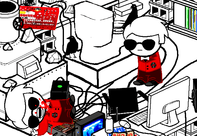 Dave finds a dead counterpart slumped at his computer with blood on his shirt.