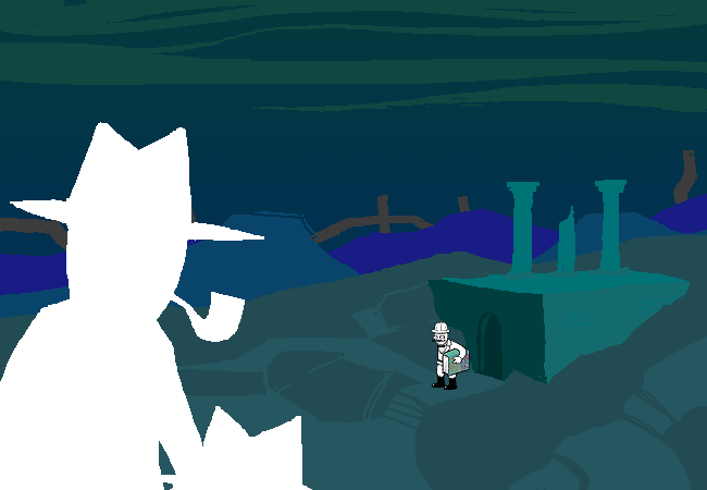 Dad stands among LOWAS’s trees, watched by Grandpa Harley’s white silhouette in the foreground.
