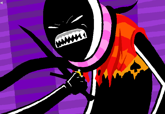 Jack Noir bares his teeth and brandishes a sword in his purple office.