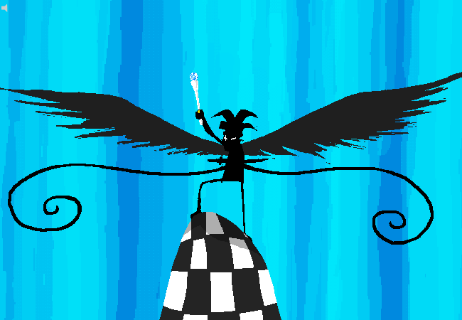 Jack Noir spreads his wings atop a checkered hill and raises the White King’s scepter against Skaia’s blue sky.