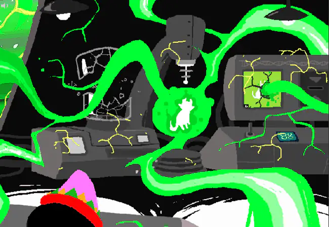 Green energy fills the frog-temple laboratory as Becquerel forms in a glowing chamber.