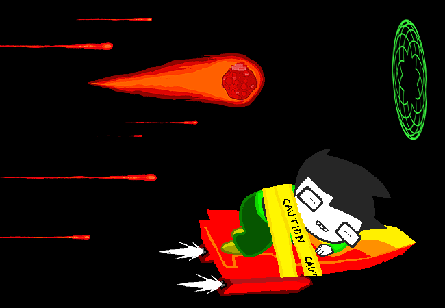 John, wrapped in caution tape, rides Bro’s rocket board past incoming meteors.