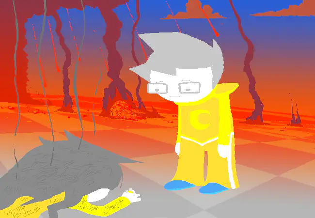 Dream John stands over Dream Jade’s body on the burning Battlefield.