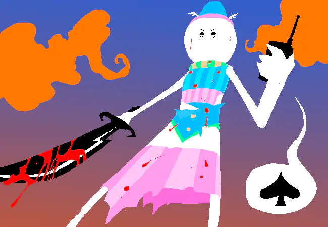 The Parcel Mistress holds a bloodied sword and a sack marked with a spade.