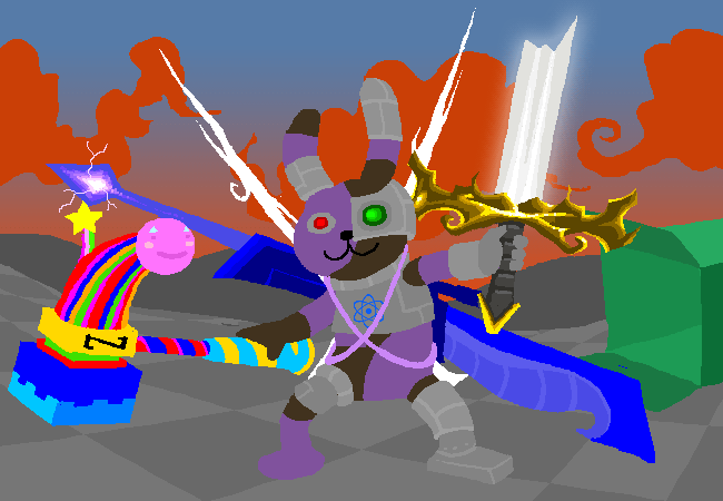 The patched robot bunny brandishes an assortment of oversized, colorful weapons on the Battlefield.