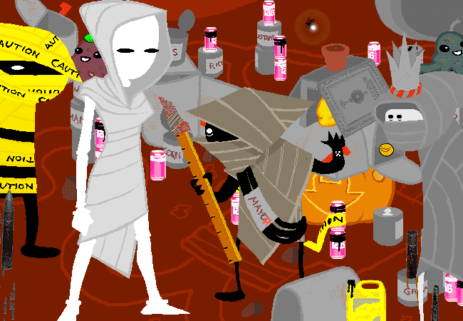 The four Exiles stand together among the cans, mailboxes, and caution tape at the frog ruins.
