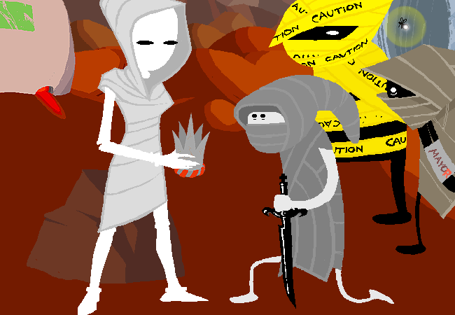 The Windswept Questant stands beside the Peregrine Mendicant, who wears a makeshift mailbox crown.