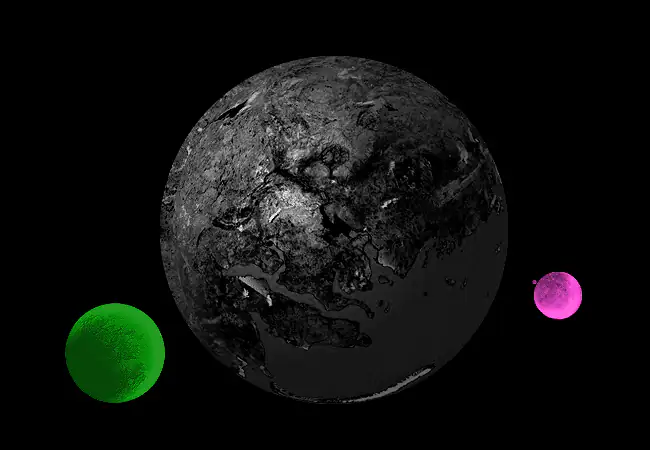 Alternia hangs in space between its green and pink moons.