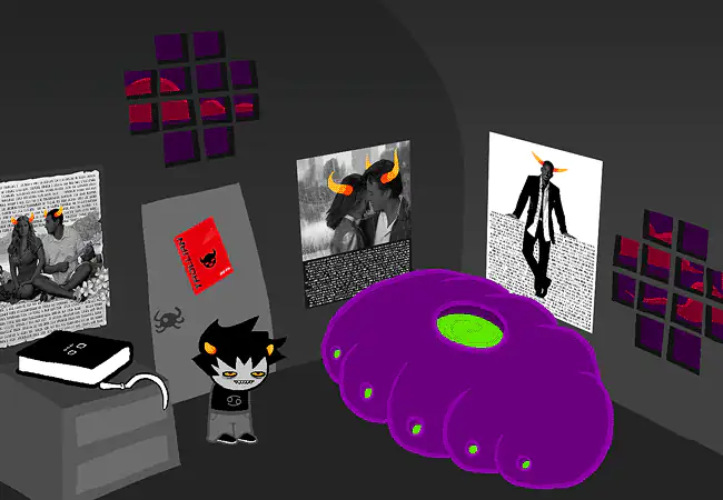 Karkat stands in his gray bedroom beside a purple recuperacoon, with movie posters on the walls.