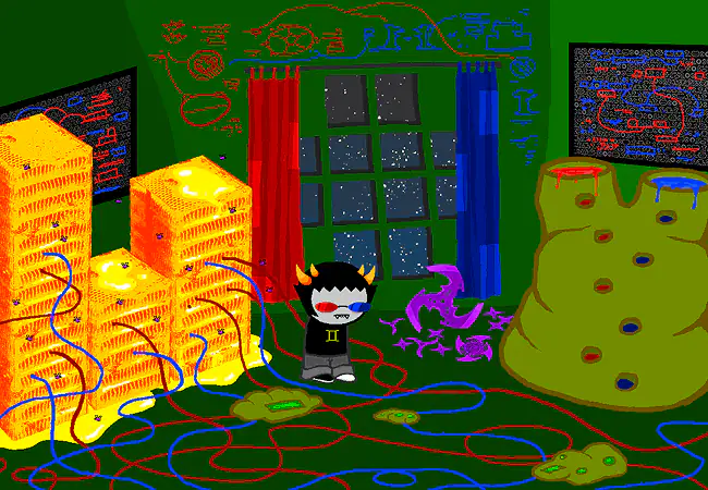 Sollux stands among glowing beehives, colorful computer screens, and wires in his bedroom.