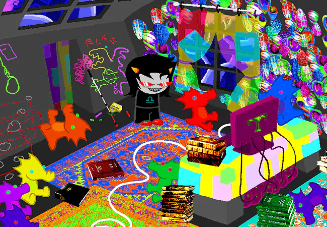 Terezi stands in her brightly scribbled bedroom, surrounded by toy dragons and a colorful bed.