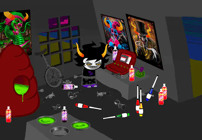 Gamzee stands in his cluttered room among clown posters, soda bottles, horns, and a red recuperacoon.