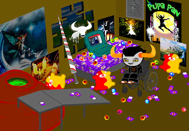 Tavros sits in his wheelchair in a room filled with fantasy posters and figurines, with his tiny winged bull lusus nearby.