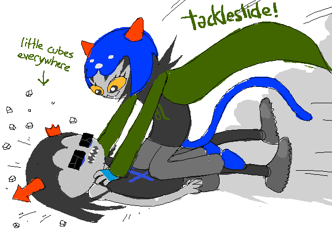 In a sketch, Nepeta pounces on Equius and knocks him onto his back.