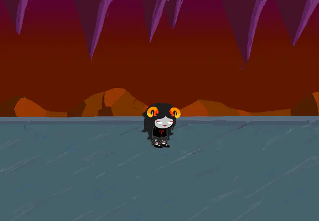 Aradia stands alone on a cavern floor beneath purple stalactites.