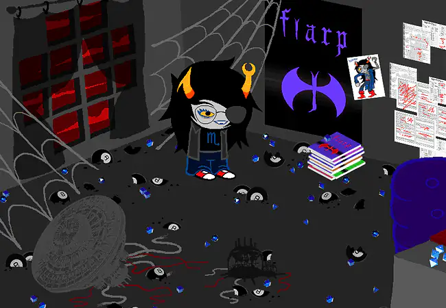 Vriska stands in her cobwebbed room, wearing glasses with one dark lens and a metal arm, amid broken eight-balls and game books.