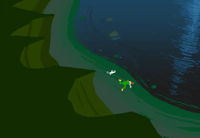 Tavros falls down a steep green cliff above a dark shoreline.