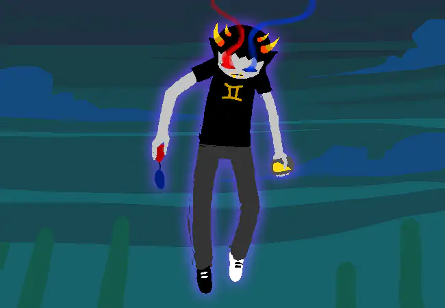 Sollux floats in the night sky with red and blue light blazing from his eyes.